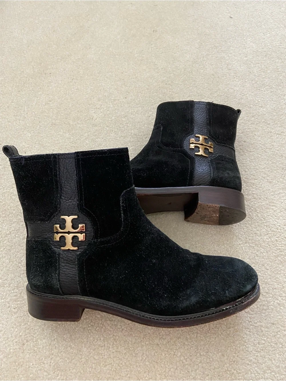 Tory Burch Alaina black Suede ankle boots, size 8 gentle worn, Made in Brazil